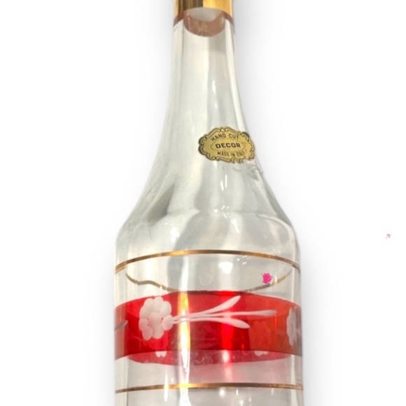 Hand Cut Cranberry Stripe Italian Glass Decanter Vintage Barware - Picture 6 of 6